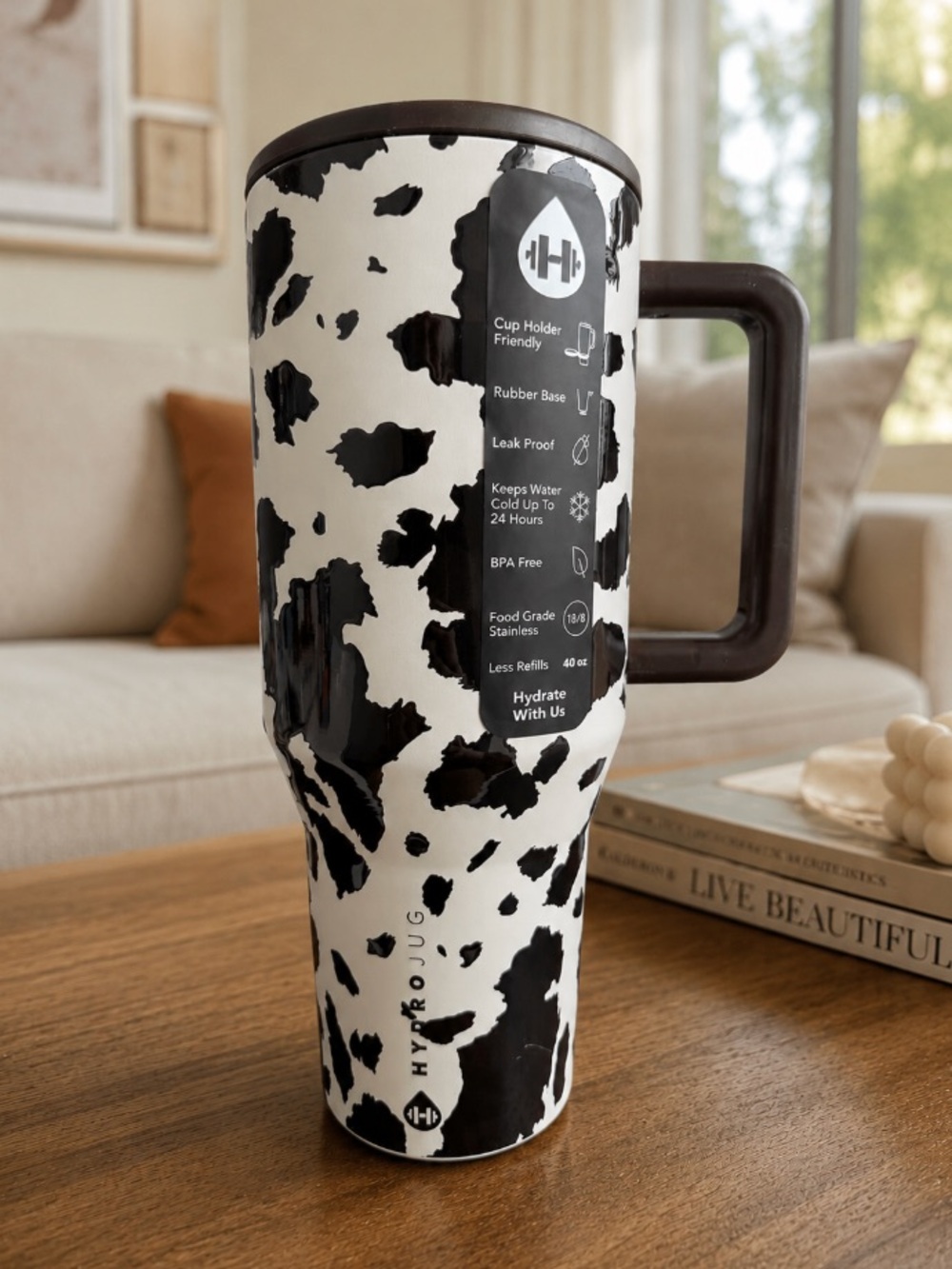 HydroJug Traveler 40 oz Black & White Cow Print